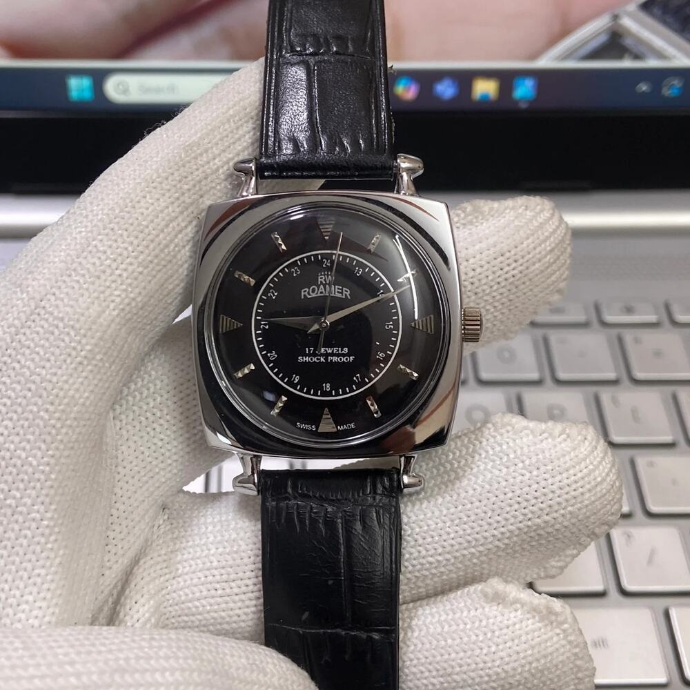 Vintage 1978 Roamer Manual Mens Silver Watch W/Leather Strap & Black accents